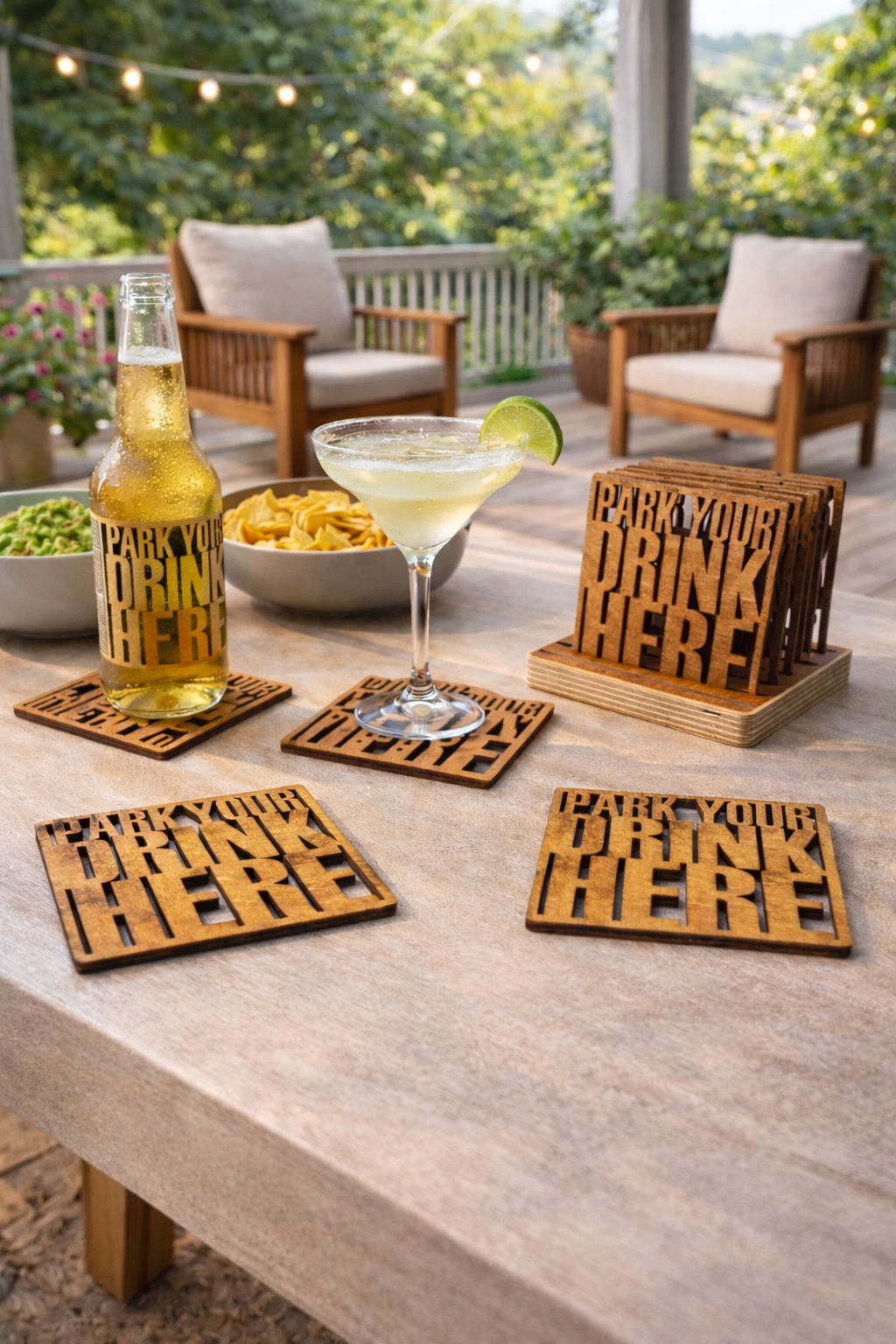 Wooden Drink Coasters Set with Holder – Park Your Drink Here – Lignaris