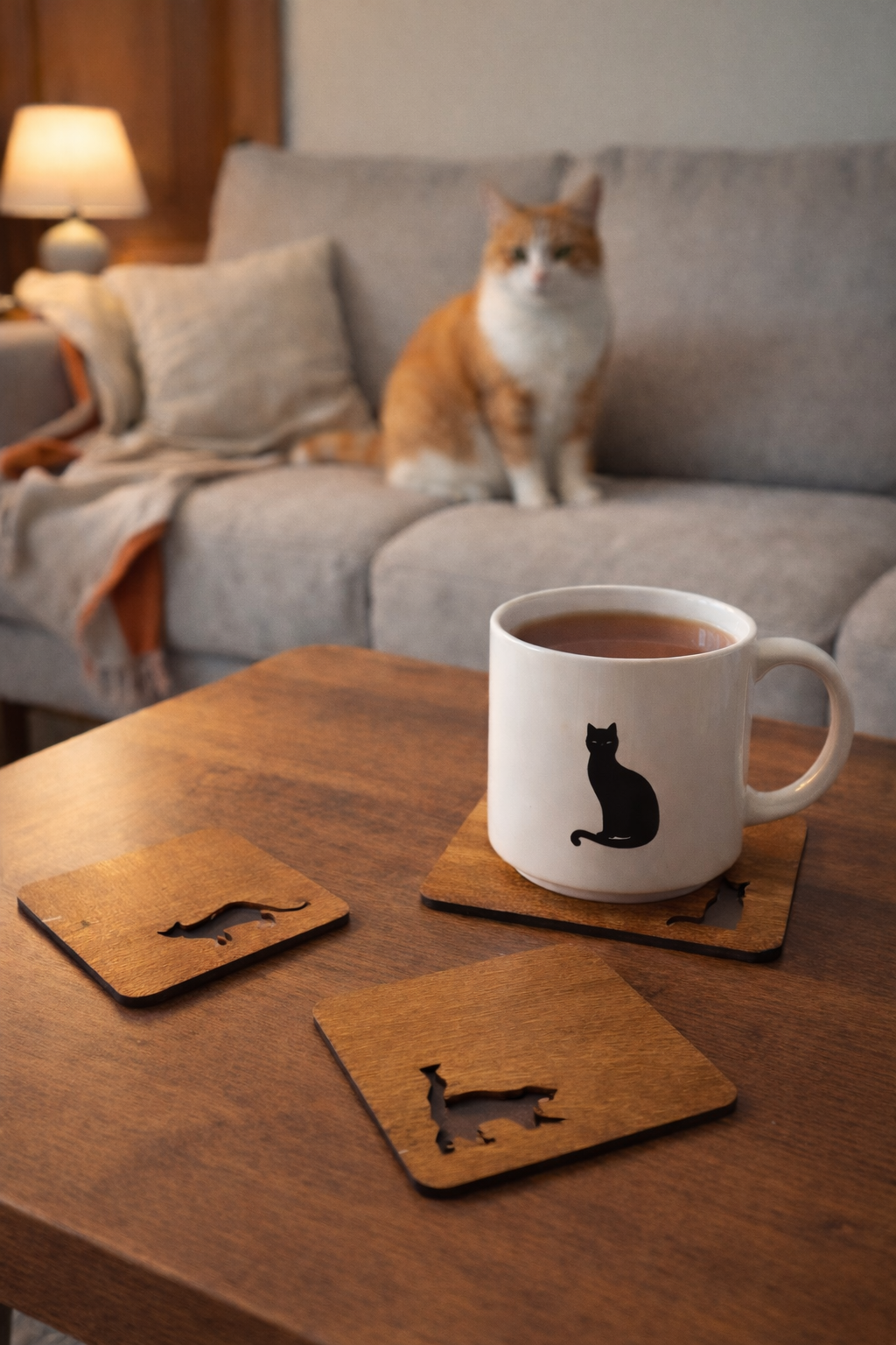 Wooden Drink Coasters Set with Holder “Cat” – Lignaris