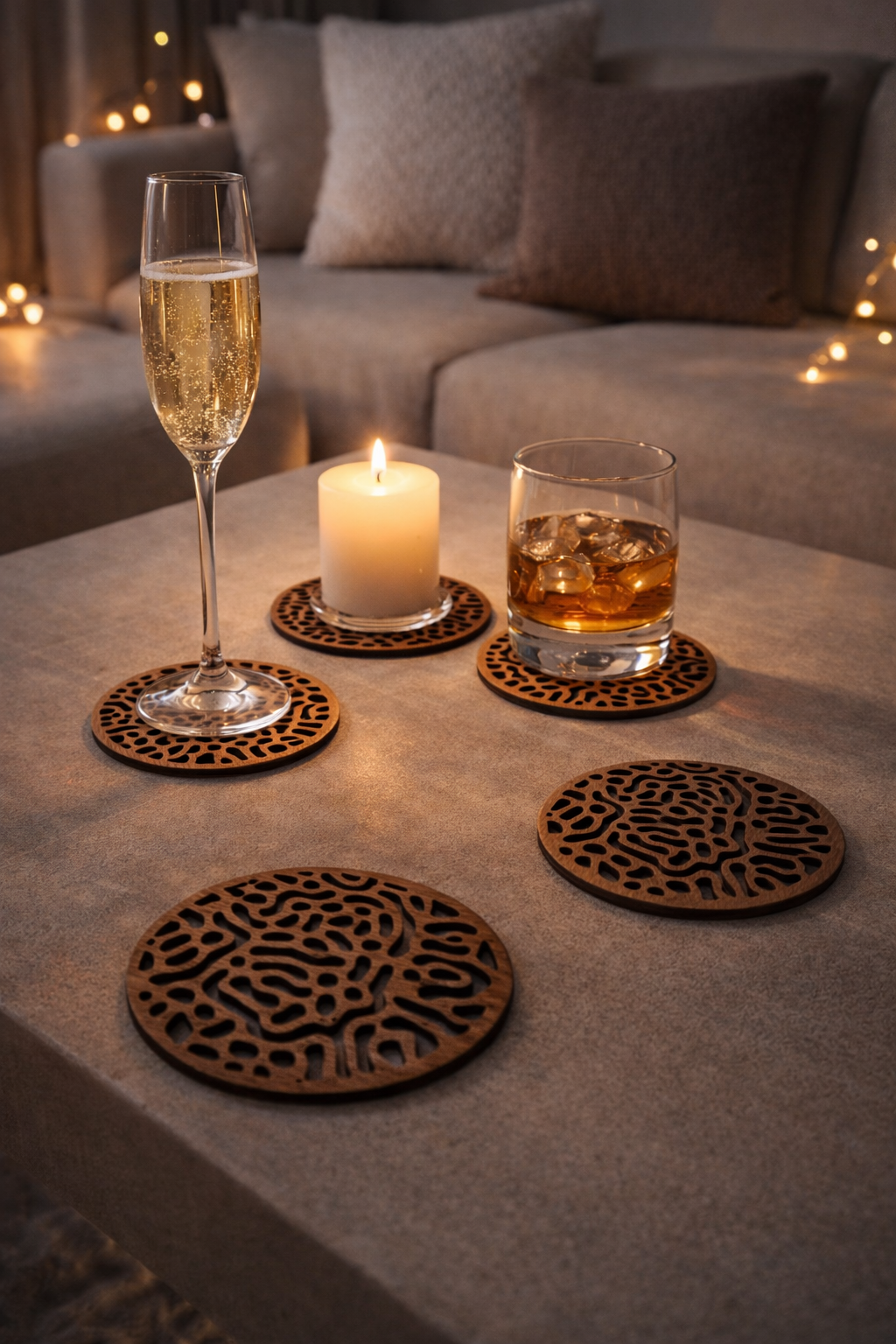 Round Wooden Drink Coasters Set with Holder “Labyrinth” – Lignaris