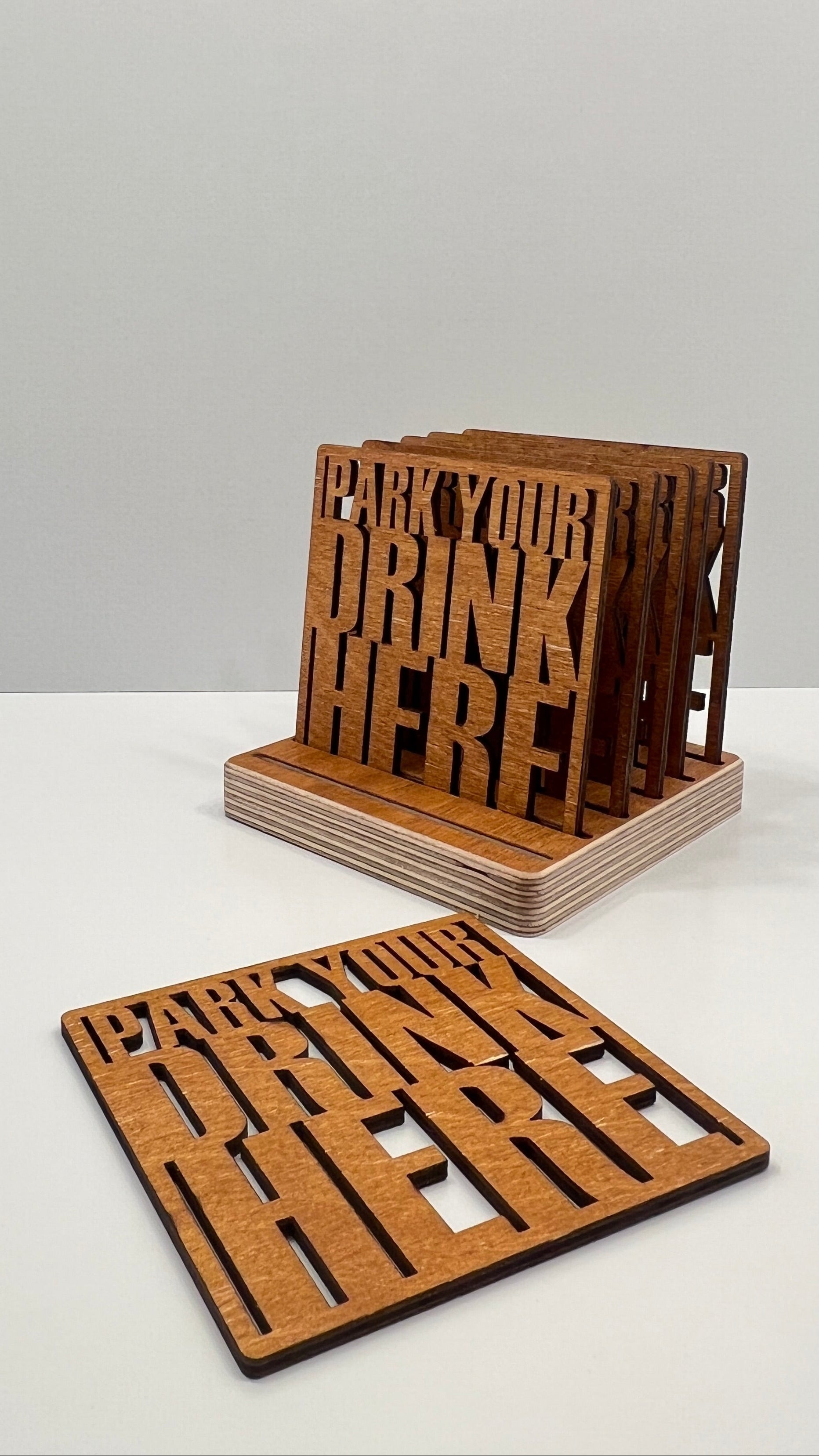 Wooden Drink Coasters Set with Holder – Park Your Drink Here – Lignaris