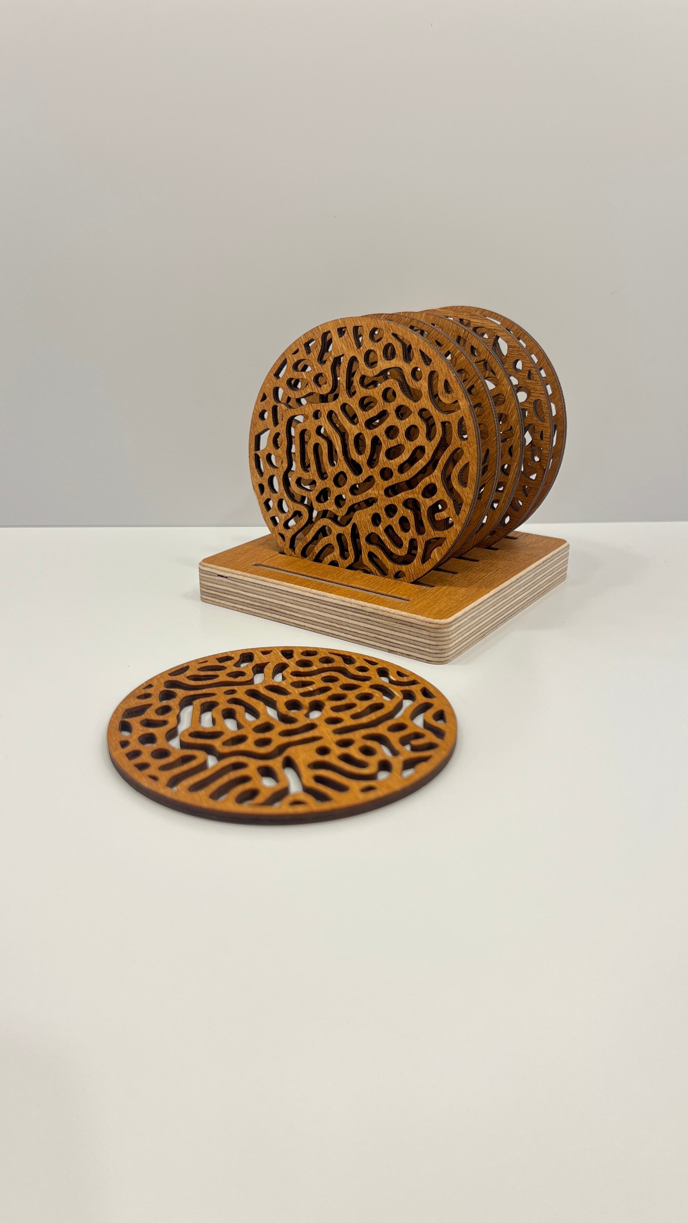 Round Wooden Drink Coasters Set with Holder “Labyrinth” – Lignaris