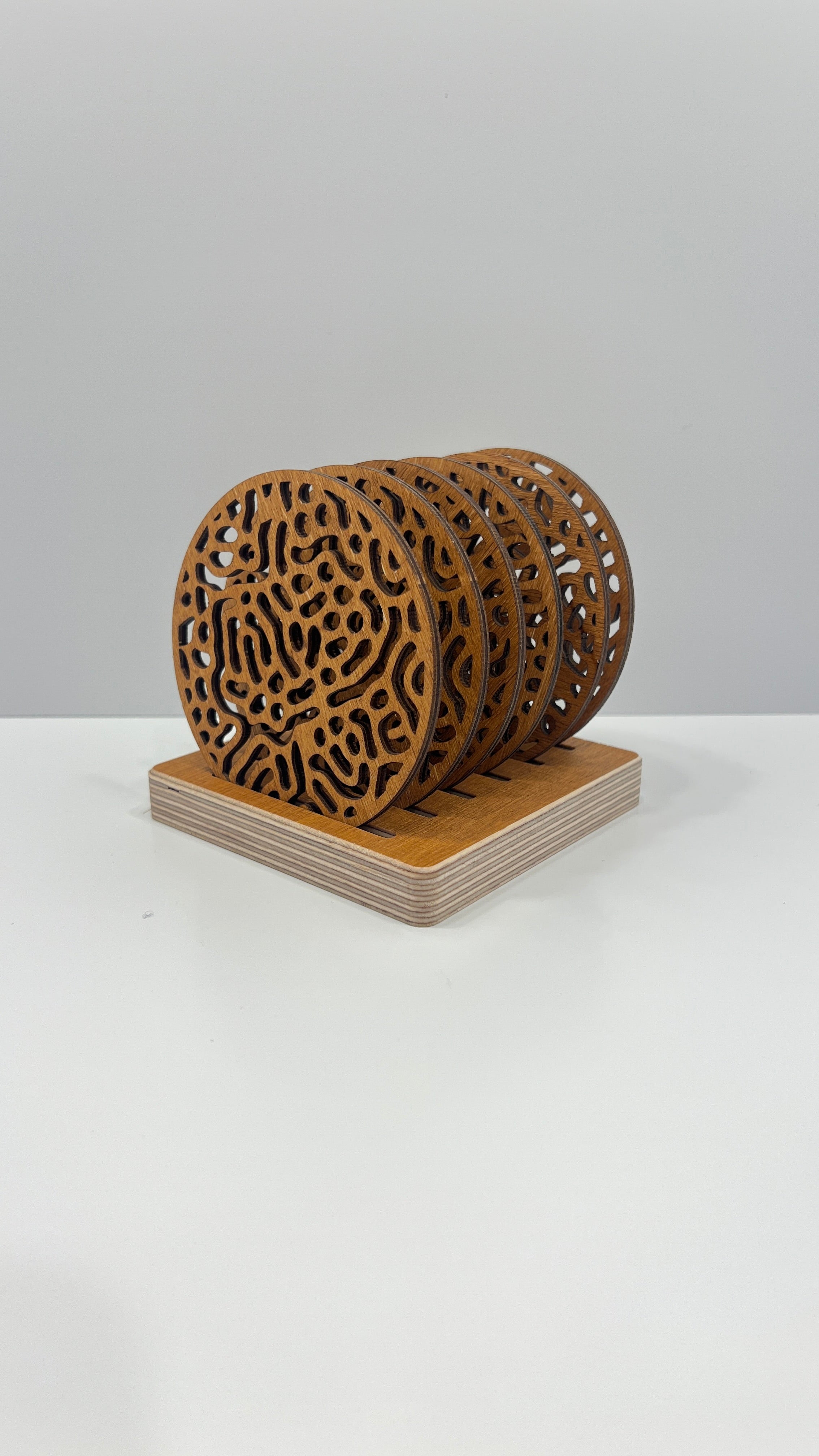 Round Wooden Drink Coasters Set with Holder “Labyrinth” – Lignaris