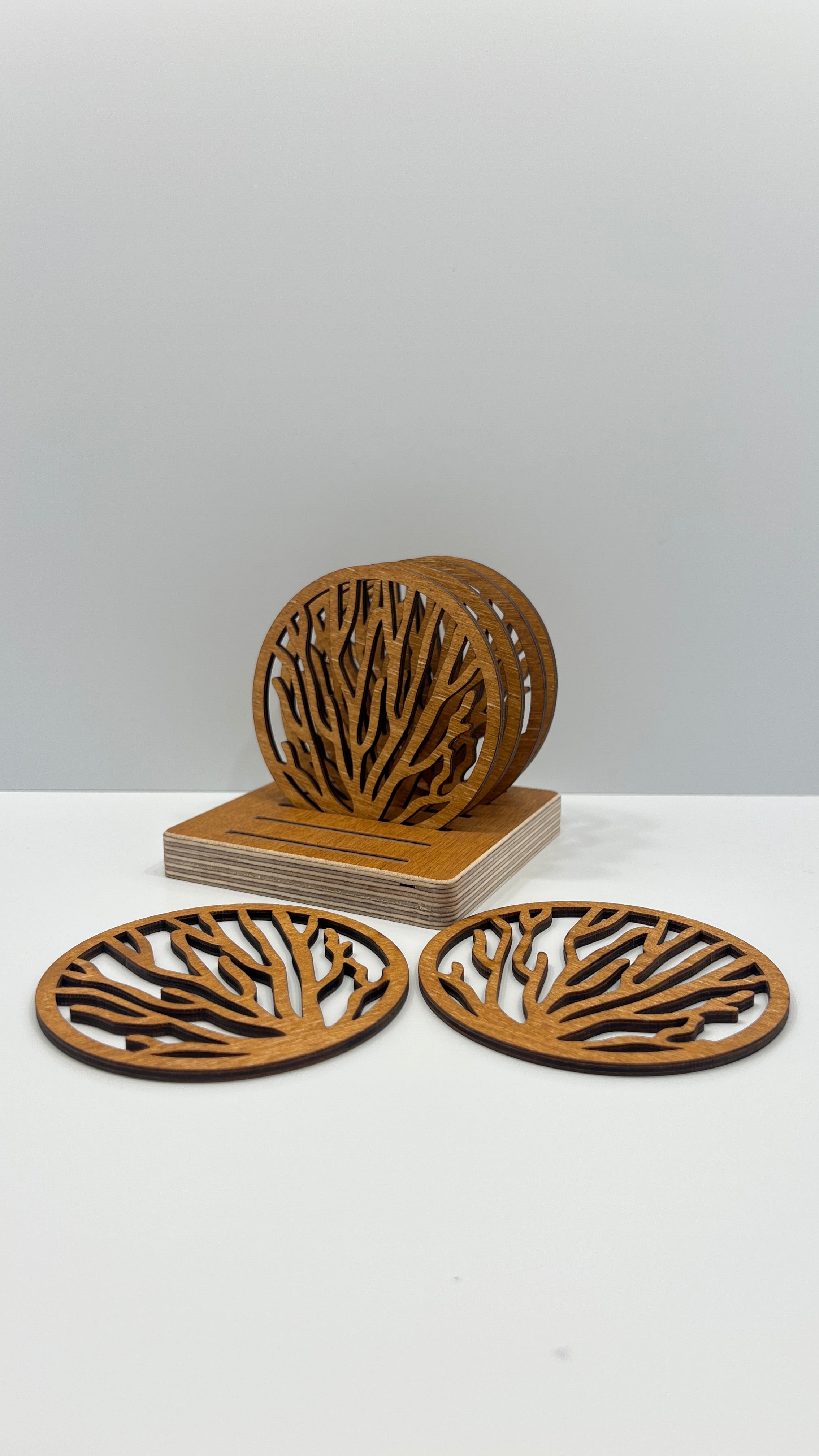 Round Wooden Drink Coasters Set with Holder “Branch” – Lignaris