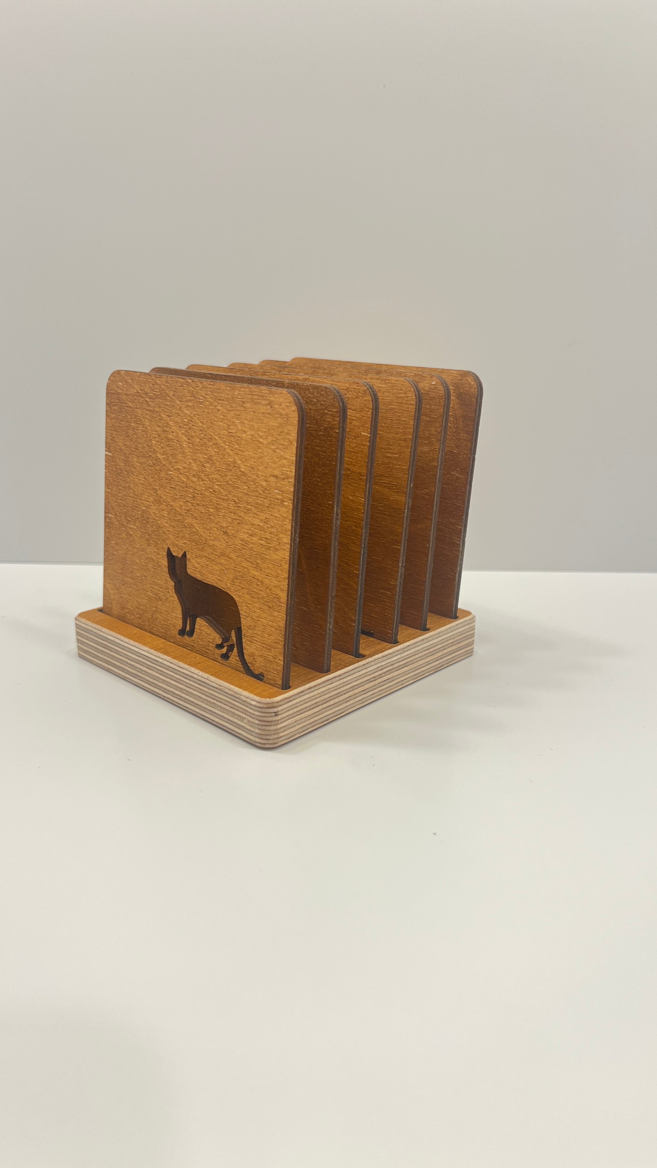 Wooden Drink Coasters Set with Holder “Cat” – Lignaris
