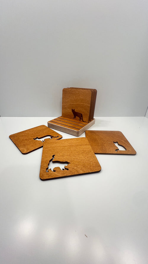 Cat Wooden Coaster Set with Holder – Lignaris
