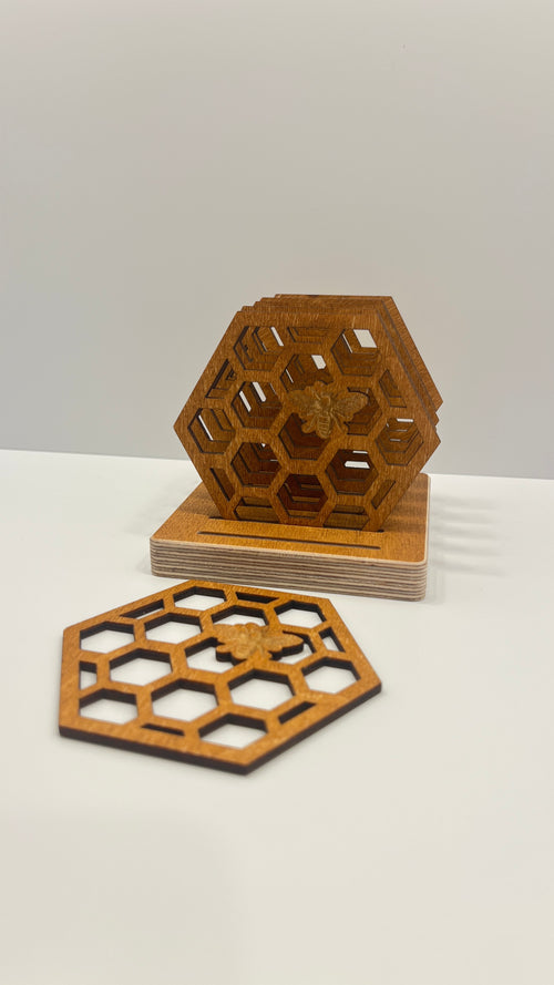 Hexagon Wooden Drink Coasters Set with Holder “Honeycomb” – Lignaris